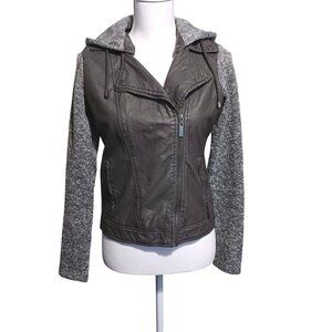 JouJou Gray Vegan Leather Hooded Moto Jacket Biker Style Layered Look, Juniors S